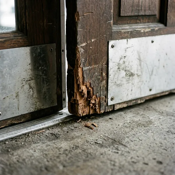 A damaged wooden fire door edge