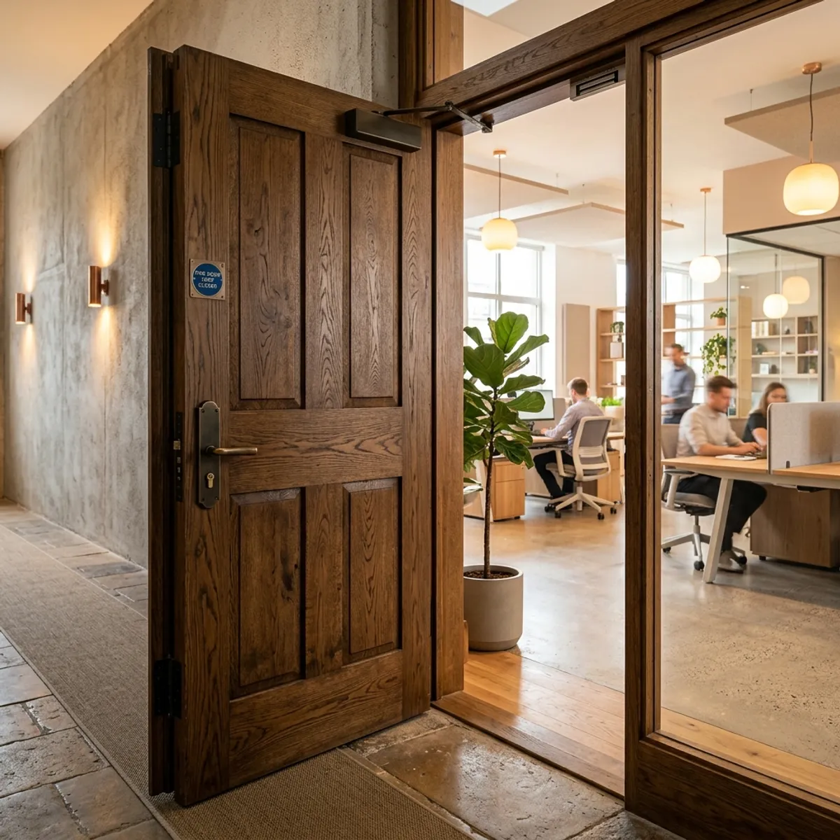 A heavy premium oak fire door leading into an office