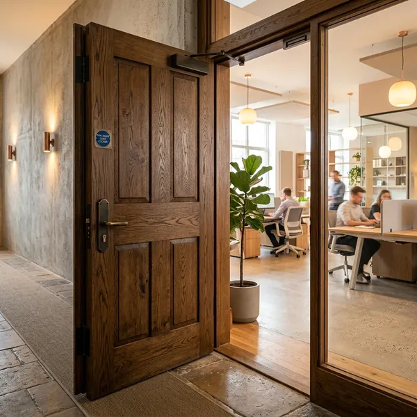 A heavy premium oak fire door leading into an office