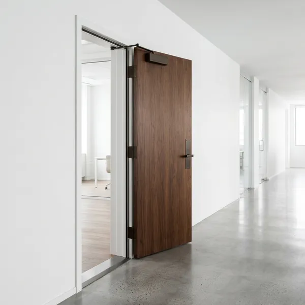 A blank premium wooden fire door in a modern corporate hallway