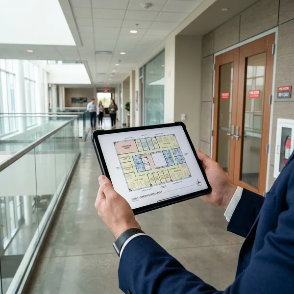 A professional holding a digital floor plan on a tablet