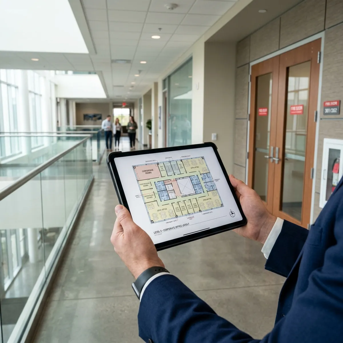 A professional holding a digital floor plan on a tablet